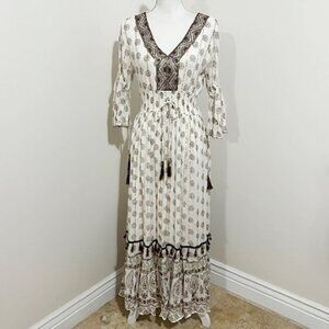 Me 2 Magic Anthropologie Brown & White Boho Maxi Dress Metallic Stripes M
